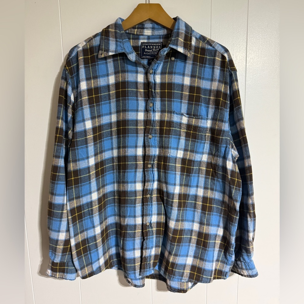 Plaid Flannel Shirt - Light Blue and Brown - Button Up